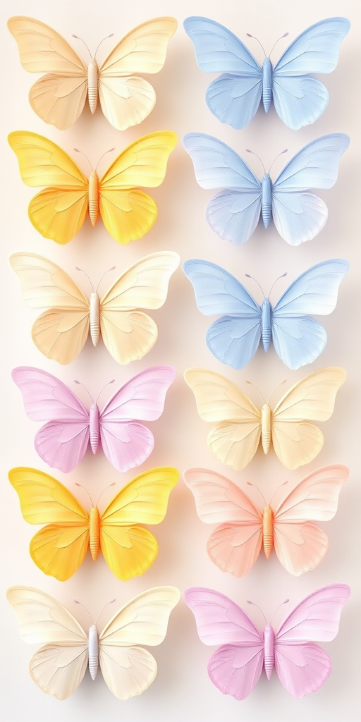 Create an image of a grid featuring 12 butterflies arranged in four rows and three columns. The butterflies should have various soft pastel colors, including yellow, light blue, lavender, and pale pink. Each butterfly should have delicate wings with subtle gradients and intricate details, showcasing a harmonious and visually pleasing design.