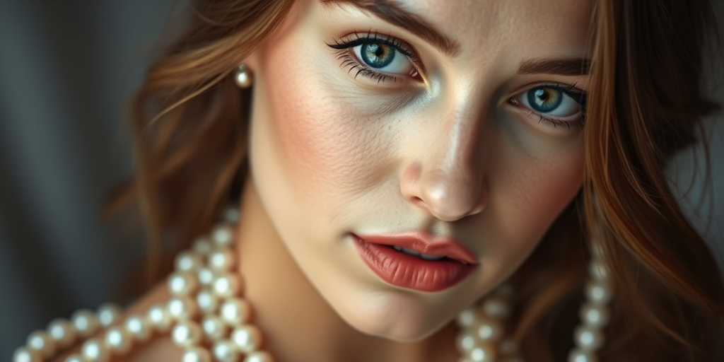 Regenerate the image of a portrait of a woman surrounded by pearls, focus on soft lighting for a dreamy effect, use a Canon EOS R5 camera with a 50mm f/1.2 lens, aperture set to f/1.2 for shallow depth of field, ISO 100 for low noise, and a slight vignette to draw attention to the subject.