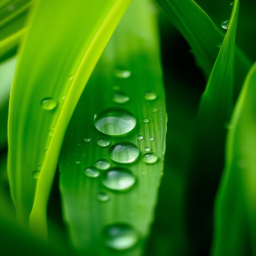 close-up shot of fresh green leaves with water droplets, shallow depth of field, macro lens, f/2.8 aperture, ISO 100, 1/200 sec shutter speed, natural light.