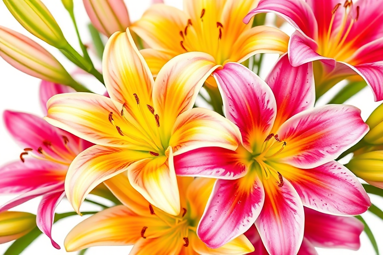 Regenerate an image of pink and yellow lilies on a transparent background, using a DSLR camera with an aperture of f/2.8, shutter speed of 1/100 sec, ISO 100, macro lens for enhanced detail, soft focus effect, and bright lighting to emphasize colors.
