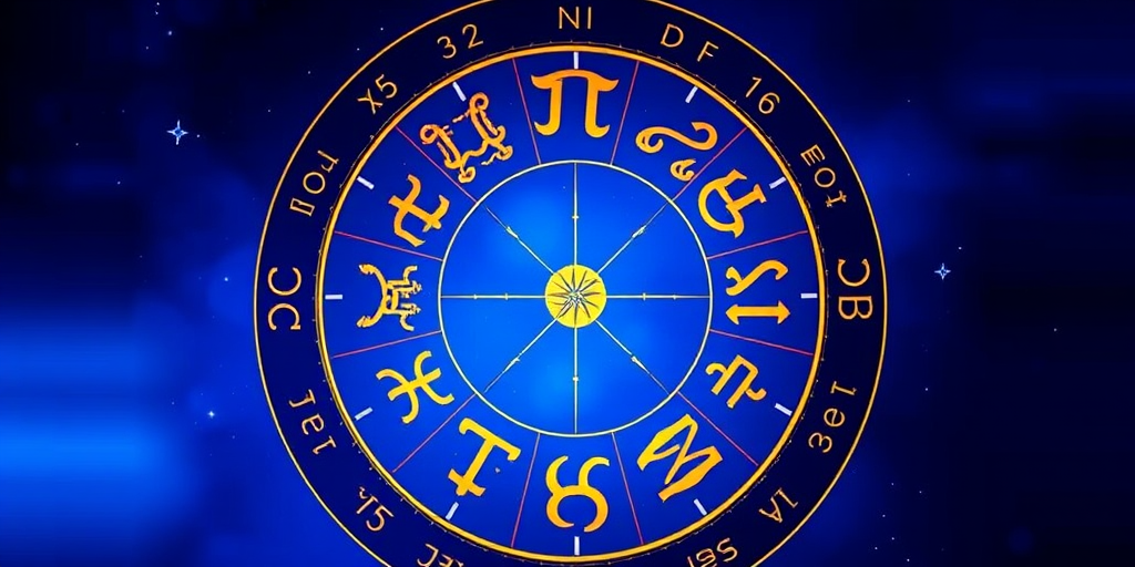 Generate an image of a zodiac wheel with vibrant blue gradient background, illuminated golden zodiac symbols, high-resolution, taken with a DSLR camera, 50mm lens, f/1.8 aperture, ISO 100, shot from a top-down view, using a soft lighting style.