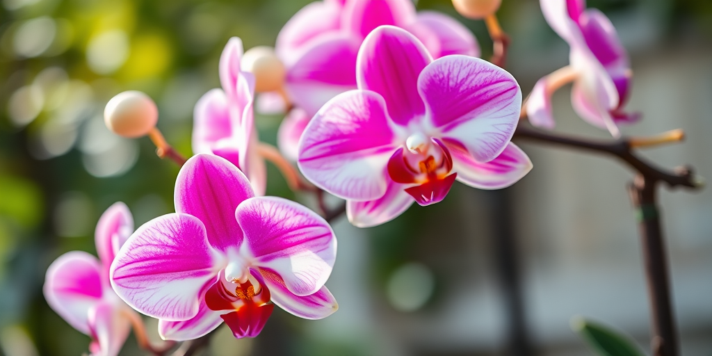 Regenerate an image of vibrant pink and white orchids in full bloom, captured with a Canon EOS R5, 50mm lens, f/1.8 aperture, ISO 100, shot from a low angle to emphasize depth, soft bokeh background, natural lighting to enhance colors and details.