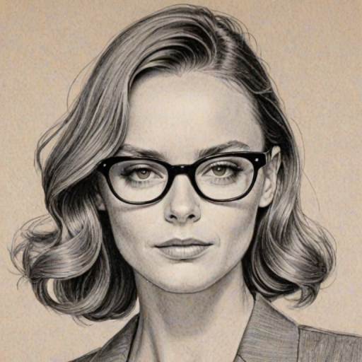 Enticing Stella McCartney, pencil sketch, portrait of Enticing woman 1948s in glasses, hair style beatnik, outline, clear lines, fine lines, 8k