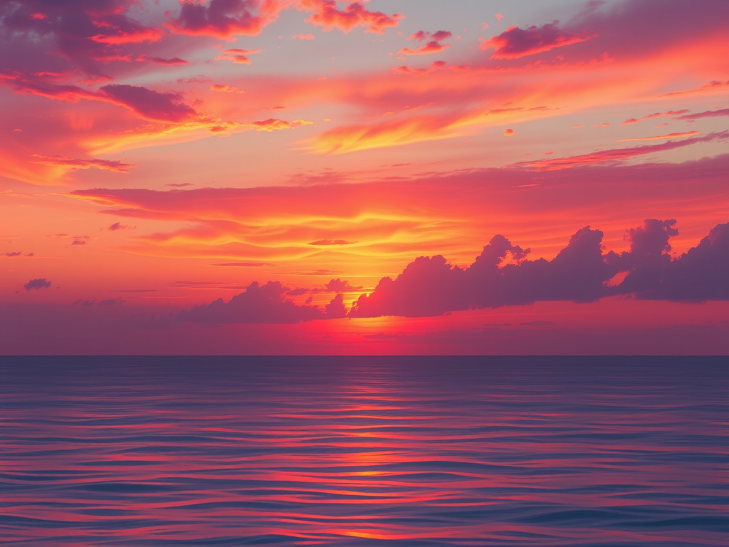 Create a high-resolution digital illustration of a vibrant sunset over a calm ocean, with rich orange and pink hues in the sky reflecting on the water, using a Canon EOS R5 with a 24-70mm f/2.8 lens, at f/8, ISO 200, and a slow shutter speed of 1/60s, in landscape orientation, ensuring high detail and clarity.