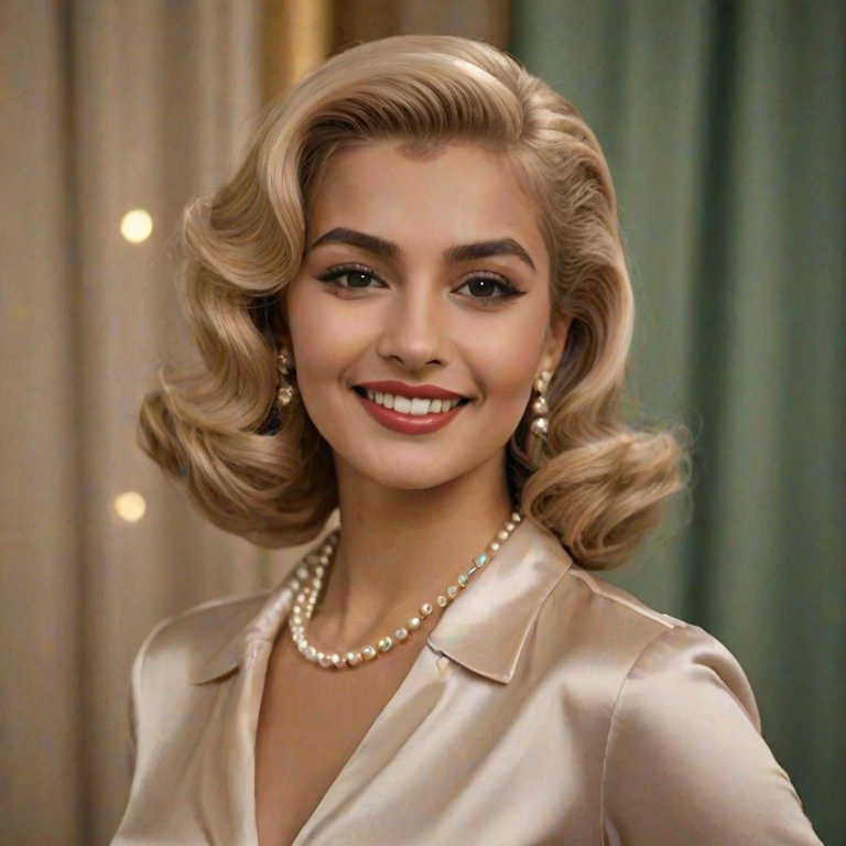 A beautiful Pakistani woman reminiscent of 1950s Hollywood glamour, with perfectly styled blonde hair and a seductive smile, dressed in a satin blouse and adorned with pearls, soft and warm tones, photorealistic, 8K