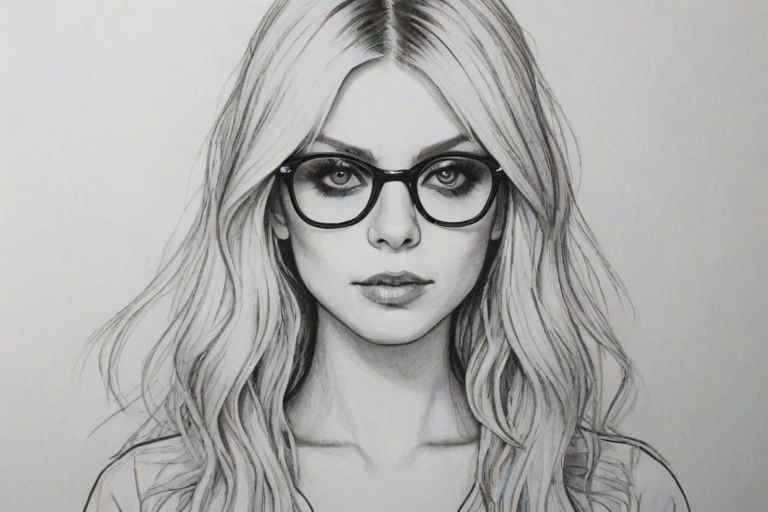 Fetching Taylor Momsen, pencil sketch, portrait of Enchanting woman 1960s in glasses, hair style beatnik, outline, clear lines, fine lines, 8k