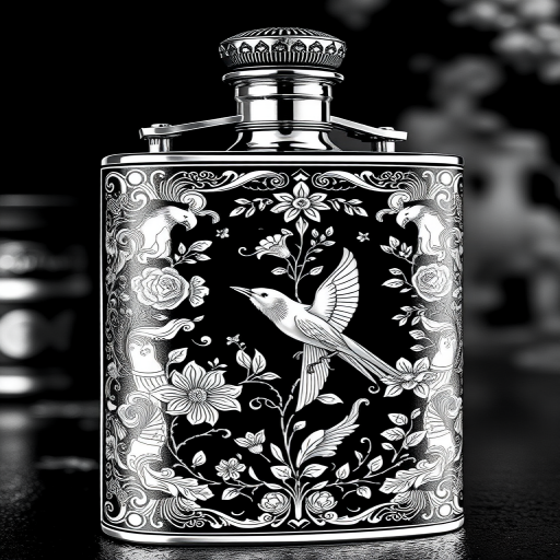 Create a highly detailed illustration of a vintage decorative flask, featuring intricate floral and bird engravings, styled in a classic black and white line art, captured in a close-up view with a 50mm lens at f/2.8 to ensure a shallow depth of field and sharp focus on the flask's details, using a digital camera for high-resolution clarity.