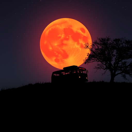A silhouette of a vintage bus driving on a hill under a large red moon, with a tree in the foreground and a starry sky, shot with a Canon EOS 90D, 24mm lens, f/8, ISO 400, at dusk for vibrant colors and sharp details.