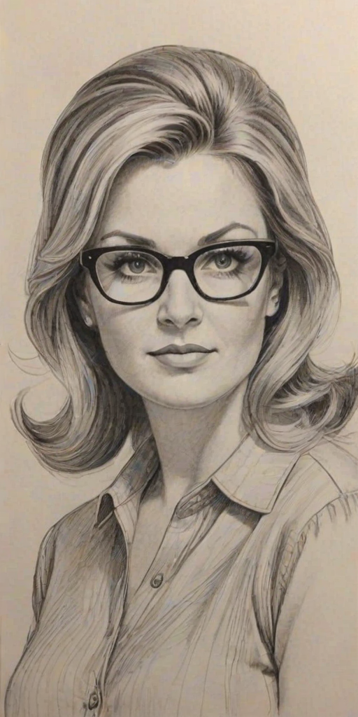 Magnificent Trisha Yearwood, pencil sketch, portrait of Comely woman 1960s in glasses, hair style beatnik, outline, clear lines, fine lines, 8k
