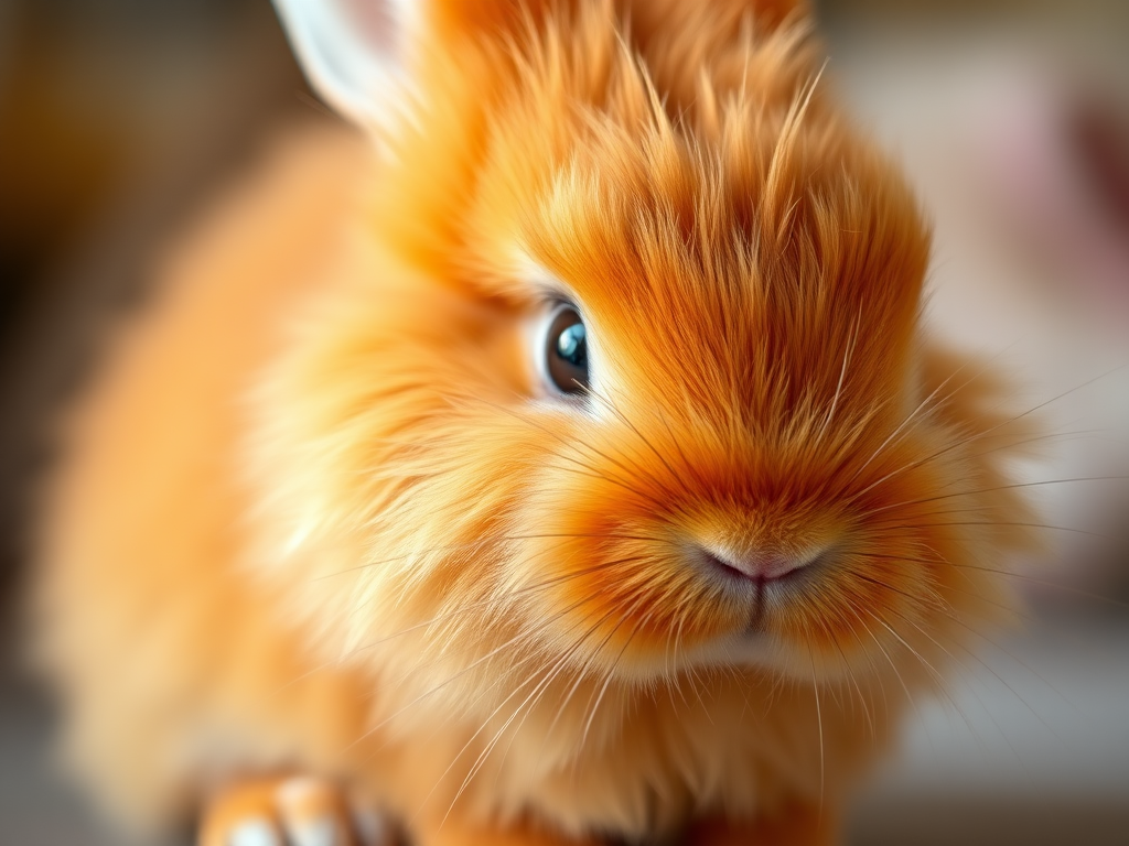 Create a highly detailed 3D rendering of a fluffy orange rabbit with soft fur, using a DSLR camera with a 50mm lens, f/1.8 aperture, ISO 100, and natural lighting, viewed from a low angle to emphasize its features and enhance image quality.