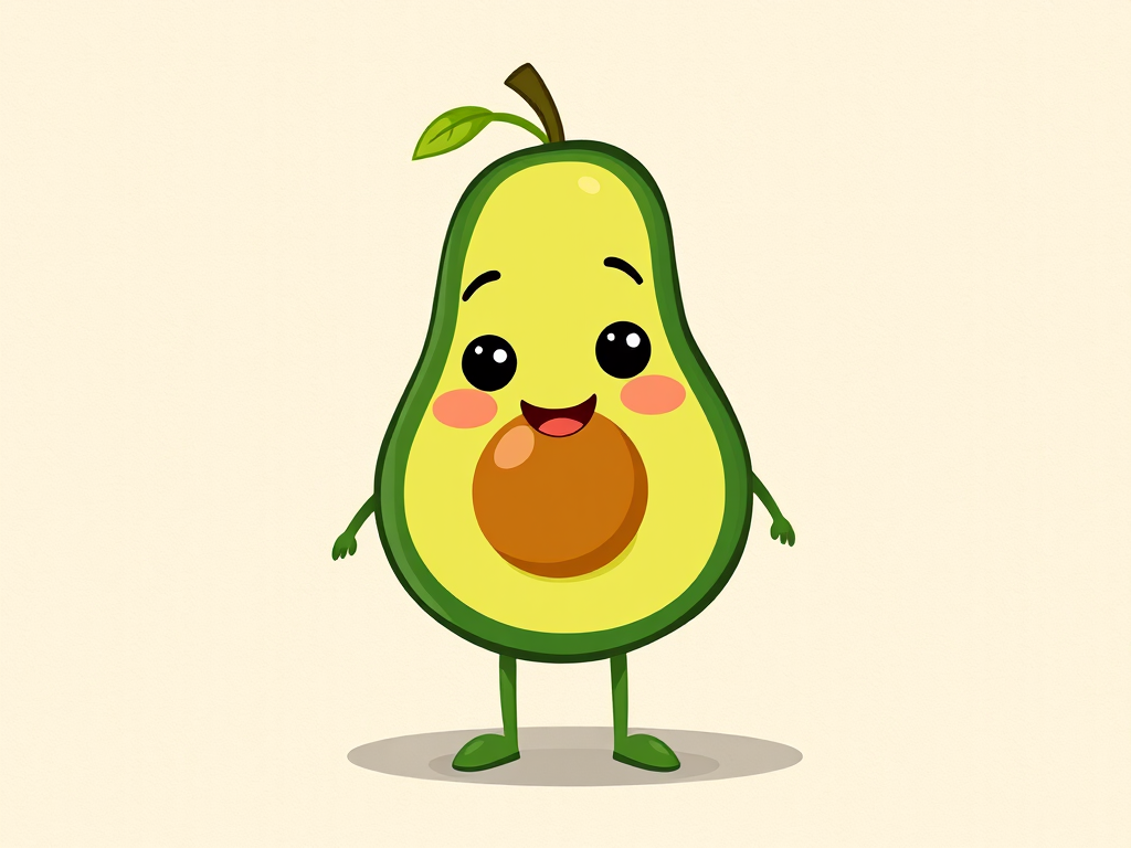 Create a whimsical illustration of a cute cartoon avocado character with a smiling face and small limbs, standing cheerfully against a textured beige background, captured with a Canon EOS R5, 50mm lens, f/2.8 aperture, ISO 100, soft diffused lighting for enhanced detail and vibrancy.