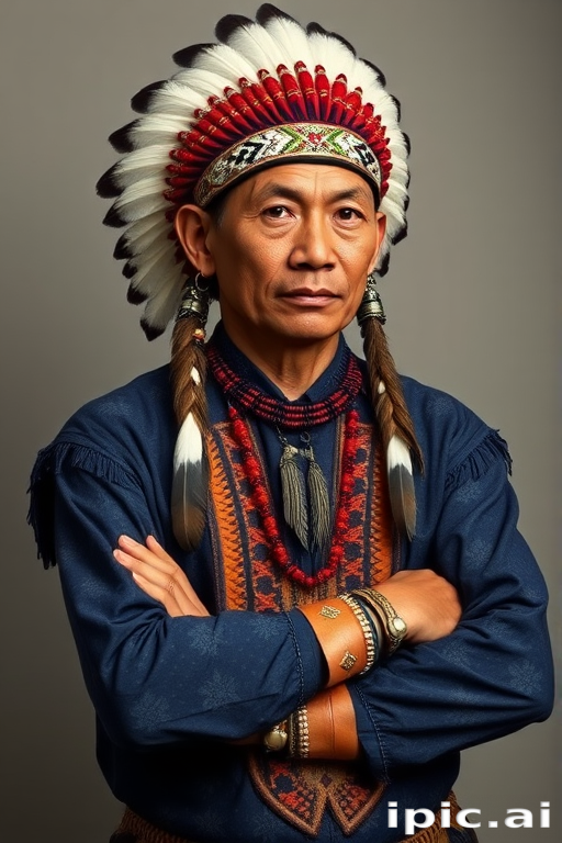 Create a dignified portrait of a Native American man dressed in traditional attire. He wears a beautifully crafted headdress adorned with white feathers and red beads, along with a beaded headband featuring intricate patterns. His clothing includes a deep blue, patterned shirt and a traditional chest piece with detailed beadwork. His arms are crossed, displaying leather armbands decorated with feathers. The background is simple and neutral, emphasizing his proud and stoic expression. The overall image captures the rich cultural heritage and strength of his persona.
