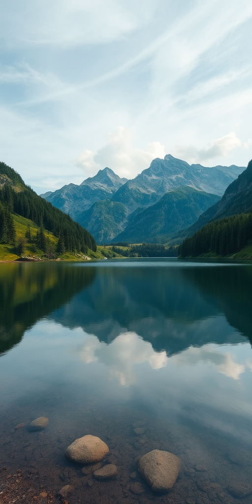 Create a high-resolution image of a serene landscape featuring a calm lake surrounded by lush greenery and majestic mountains in the background, using a Canon EOS R5 with a 24-70mm f/2.8 lens, aperture set to f/8, ISO 100, at a shutter speed of 1/125 sec, shot from a slight elevation to capture the reflections in the water for a dynamic perspective.