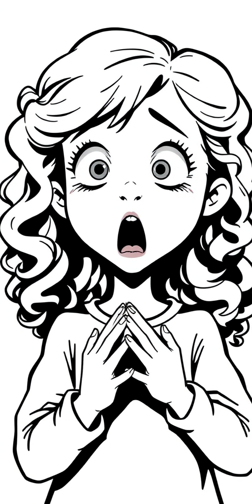 The image is a black and white illustration of a young girl with curly hair. She has a surprised expression on her face with her mouth open and her hands clasped together in front of her chest. Her eyes are wide and her eyebrows are furrowed. Her hair is styled in loose curls that are cascading down her back. The overall mood of the image is one of shock or surprise.