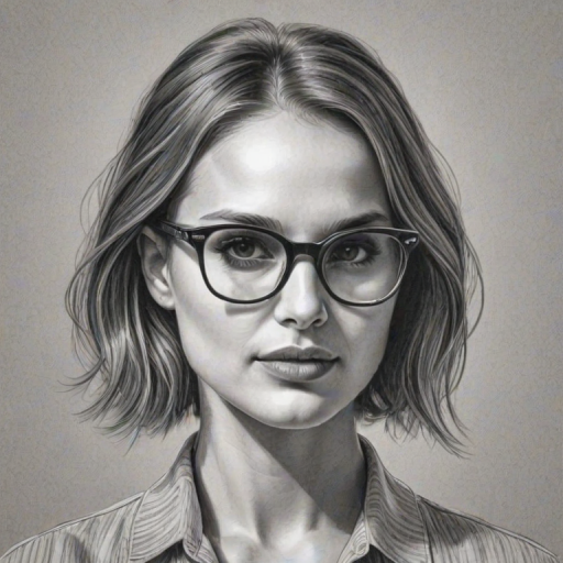 Beautiful Natalie Portman, pencil sketch, portrait of beautiful woman 60s in glasses, hair style beatnik, outline, clear lines, fine lines, 8k