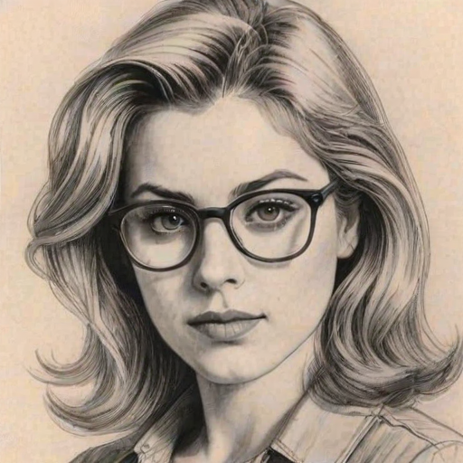 Beauteous Greta Garwig, pencil sketch, portrait of Alluring woman 1978s in glasses, hair style beatnik, outline, clear lines, fine lines, 8k