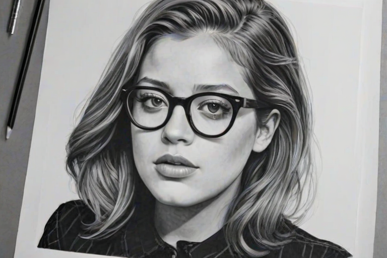 Attractive Adele Exarchopoulos, pencil sketch, portrait of Splendid woman 1963s in glasses, hair style beatnik, outline, clear lines, fine lines, 8k