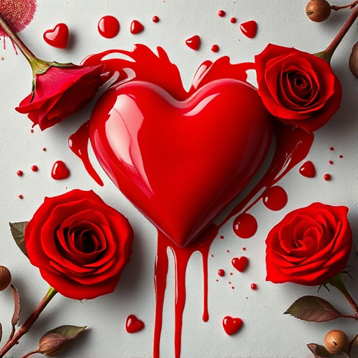 Create a vibrant, glossy red heart surrounded by lush red roses and splashes of red paint on a soft gray background, using a Canon EOS R5 with a 50mm f/1.2 lens at f/2.8, 1/200 sec shutter speed, ISO 100, shot from a slightly elevated angle in macro style for enhanced image quality.
