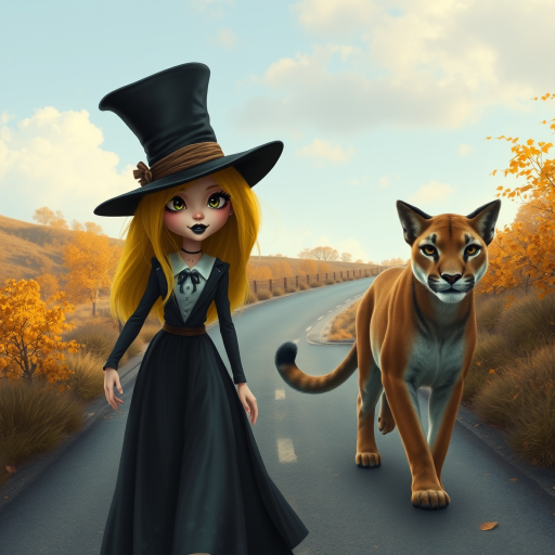 digital art fantasy depicting a strange girl with Yellow hair, long eyelashes, black lipstick and a tall hat walking along a winding road on an autumn afternoon, an Puma smiles as she passes