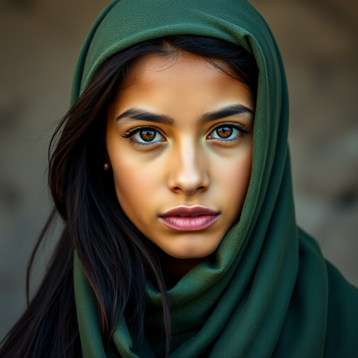 Create a portrait of a young Latino woman with long, dark hair and captivating hazel eyes. She is wearing a green headscarf and a matching scarf draped gracefully around her neck. The background is softly blurred, focusing attention on her serene and natural expression. The overall color palette is muted and warm, enhancing the intimate and authentic feel of the portrait.