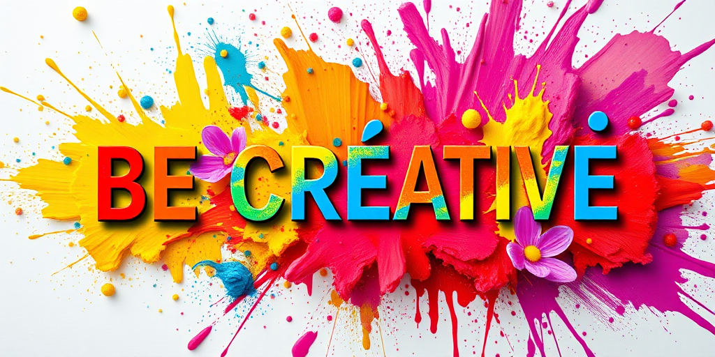 Create an artistic design featuring the phrase "BE CREATIVE" in bold, dynamic typography with a colorful paint splash effect in the background, using a Canon EOS R5 camera with a 50mm f/1.2 lens, aperture set to f/4 for sharp details, shutter speed of 1/200s for clarity, and in vibrant, high-saturation colors under natural light.