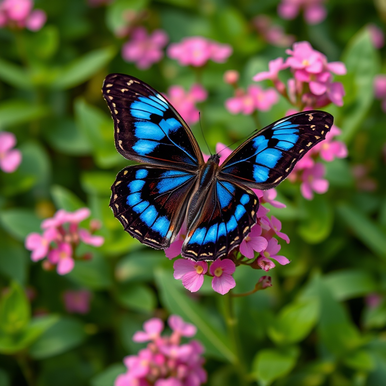 Generate an image of a butterfly with striking blue and black patterns resting on pink flowers in a lush green garden setting. The focus should be on the intricate details of the butterfly's wings and the vibrant colors of the flowers, creating a serene and natural atmosphere.