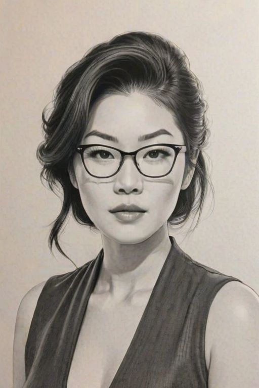 Gorgeous Arden Cho, pencil sketch, portrait of Elegant woman 1959s in glasses, hair style beatnik, outline, clear lines, fine lines, 8k