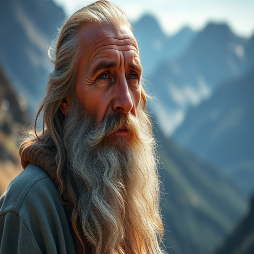 Create a highly detailed portrait of an ancient wise man with a long beard, set against a serene mountainous landscape, using a Canon EOS R5 camera with a 50mm f/1.2 lens, aperture at f/8 for sharpness, ISO 100 for clarity, and a soft, natural sunlight for optimal lighting.