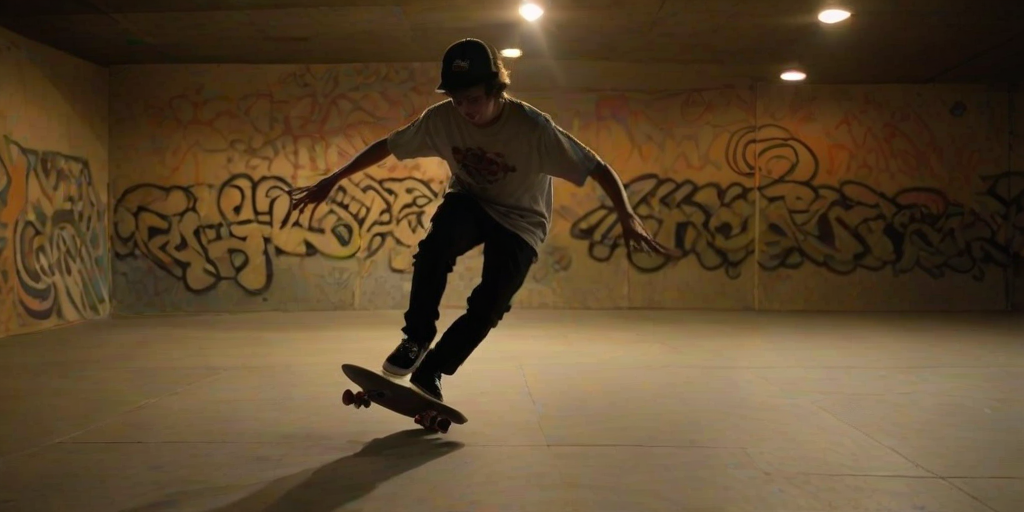 Blurry action shot of a skateboarder performing a trick in a dimly lit skatepark, with graffiti-covered walls in the background, soft light from a nearby streetlamp casting shadows.