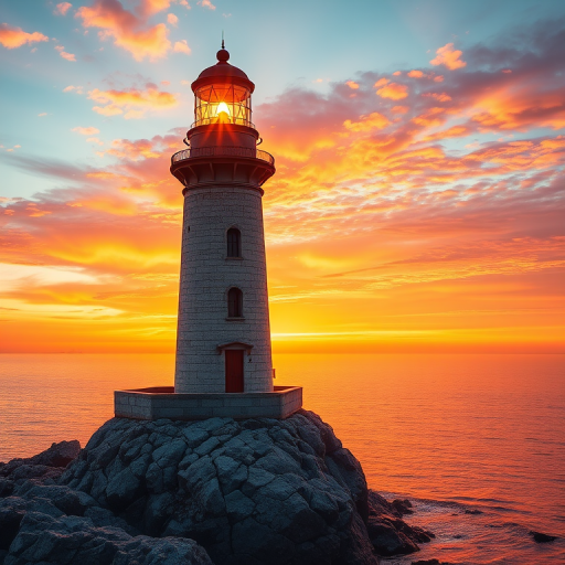 Generate an image of a tall lighthouse perched on a rocky outcrop surrounded by calm ocean waters during a breathtaking sunset. The lighthouse stands sturdy and weathered, its stone surface illuminated by the warm golden light of the setting sun. The sun's rays pass directly through the glass lantern room at the top of the lighthouse, casting a brilliant light across the scene. The sky is painted with vibrant shades of orange, pink, and purple, reflecting off the tranquil sea. The surrounding water shimmers with the same warm hues, creating a serene and majestic atmosphere.