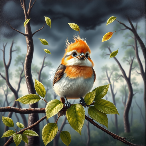 airbrushed oil painting,  a cute little bird, sitting on a branch with lush leaves, startled eyes, his feathers ruffled and blown up, leaves in the air, background bending trees in a forest, storm clouds
