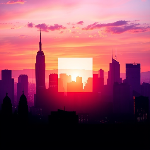 generate a vibrant city skyline silhouette frame with a square center, high resolution, f/8 aperture, ISO 100, 24mm lens, wide-angle view, digital camera style