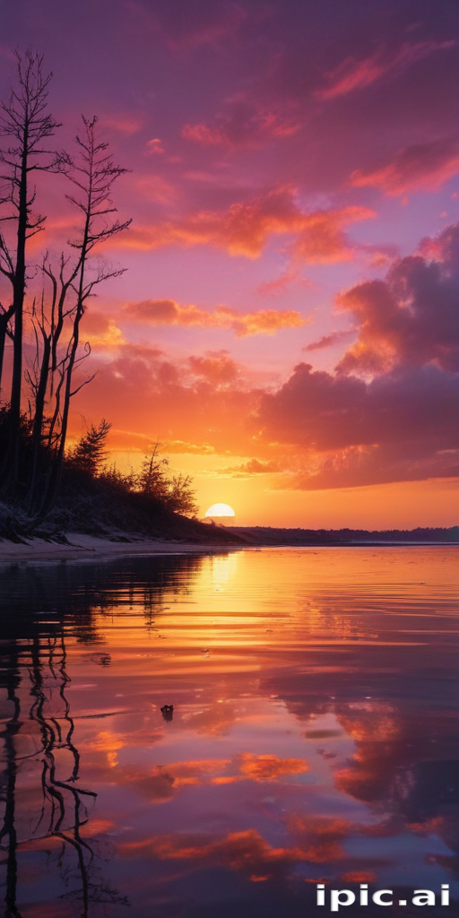 Serene Sunset Over Calm Waters with Reflections and Silhouetted Trees