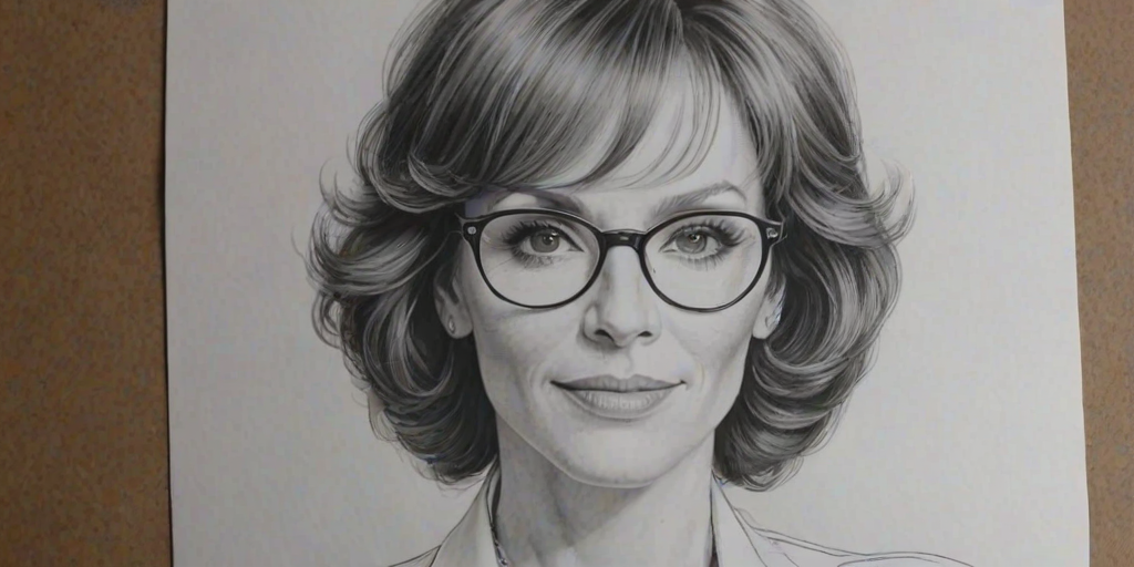 Beauteous Marilu Henner, pencil sketch, portrait of Radiant woman 1977s in glasses, hair style beatnik, outline, clear lines, fine lines, 8k
