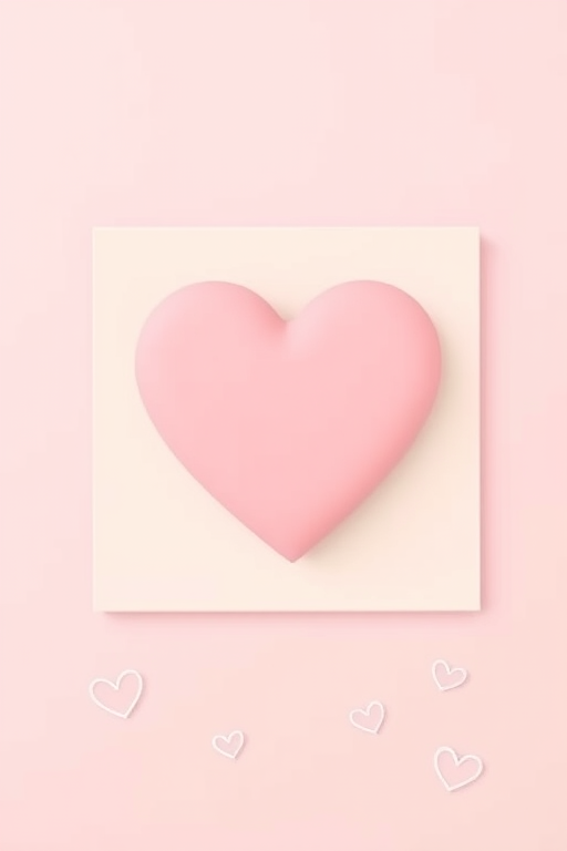 Create a soft, minimalistic illustration of a large pink heart on a cream square background with smaller white outlined hearts scattered on a pastel pink backdrop, using a Canon EOS R6 with a 50mm lens at f/2.8, ISO 100, and a shallow depth of field for a dreamy effect.