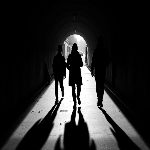 Capture a black and white image of three silhouetted figures walking through a dimly lit tunnel, with soft shadows stretching along the ground, using a Canon EOS 5D Mark IV at f/8, 1/125s, ISO 100, with a 24-70mm lens at 35mm for a slightly wide angle view and enhanced depth of field.