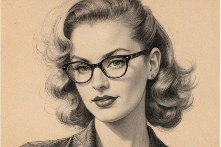 Fascinating Brittany O'Grady, pencil sketch, portrait of Enticing woman 1937s in glasses, hair style beatnik, outline, clear lines, fine lines, 8k