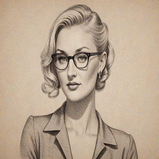 Appealing Brooke Hogan, pencil sketch, portrait of Elegant woman 1943s in glasses, hair style beatnik, outline, clear lines, fine lines, 8k