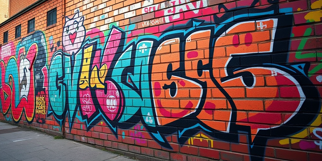 vibrant graffiti mural on a brick wall featuring abstract animal shapes and colorful patterns, taken with a DSLR camera, 50mm lens, aperture f/1.8, ISO 100, soft natural lighting, capturing a low angle view for enhanced depth and detail