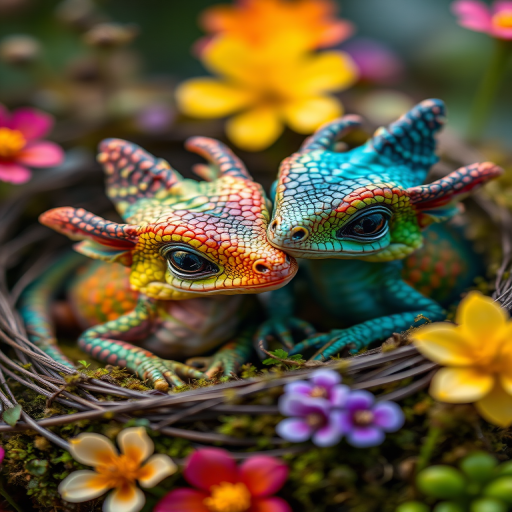 Close-up shot of two colorful baby dragons with intricate scale patterns and vibrant features resting in a mossy nest surrounded by flowers, shallow depth of field, f/2.8 aperture, ISO 100, 85mm lens, soft natural lighting, taken with a DSLR camera.