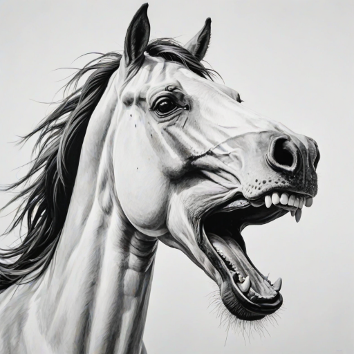 Abstract black and white acrylic portrait of an over exaggerated laughing (horse). Minimalism style. White background.