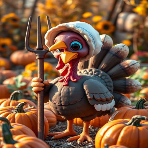 create a cartoon turkey character wearing a white bonnet and holding a pitchfork, standing among pumpkins in a colorful harvest scene, use a DSLR camera, 50mm lens, f/2.8 aperture, ISO 100, natural lighting for enhanced clarity and vivid colors