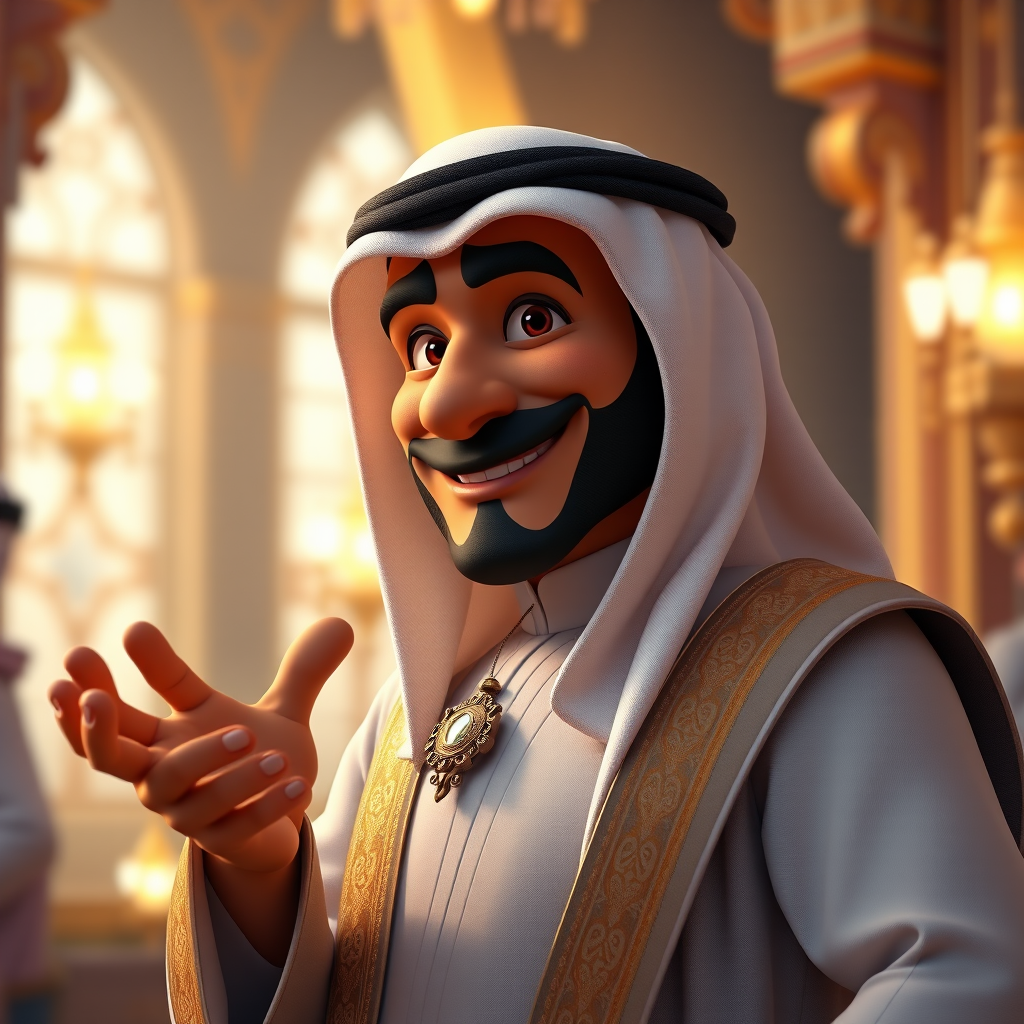 Create a 3D rendering of a wealthy Arab male sheikh from Dubai, inspired by the Disney animation style. The sheikh must have a smile and a playful but wise character. Place your character in an atmosphere of wealth and luxury. The image must be in high resolution format. Dynamic pose above the waist, gesturing with hands (Pixar Art style)++ highly detailed digital painting, art stations, concept art, soft focus, hard focus, illustrations. cinematic, visual effects, HDR, Unreal Engine 5, ray tracing, soft light, 8k, high detail, sparkling backlighting, luxury gem, game art, 3d, cartoon, colorful, magical, mysterious