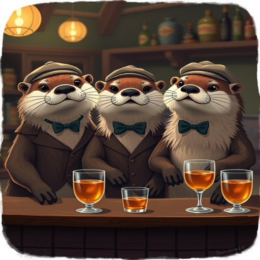 Create a whimsical illustration of three anthropomorphic otters wearing vintage clothing, each in a bow tie and cap, standing in a dimly lit bar setting, with glasses of amber liquid on the table, captured with a DSLR camera at f/2.8, ISO 100, 35mm lens, in soft focus style to enhance warmth and richness.