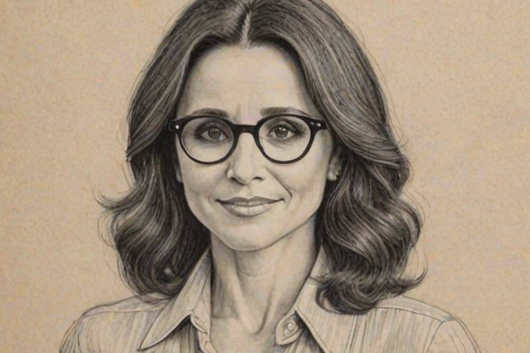 Charming Julia Louis-Dreyfus, pencil sketch, portrait of Beauteous woman 1975s in glasses, hair style beatnik, outline, clear lines, fine lines, 8k