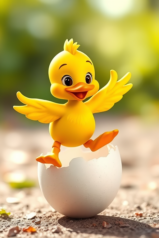 Generate a high-resolution 3D cartoon image of a vibrant yellow duck character playfully balancing on a cracked egg, using a 50mm lens, f/1.8 aperture, ISO 100, with a soft focus background and bright, natural lighting to enhance details.