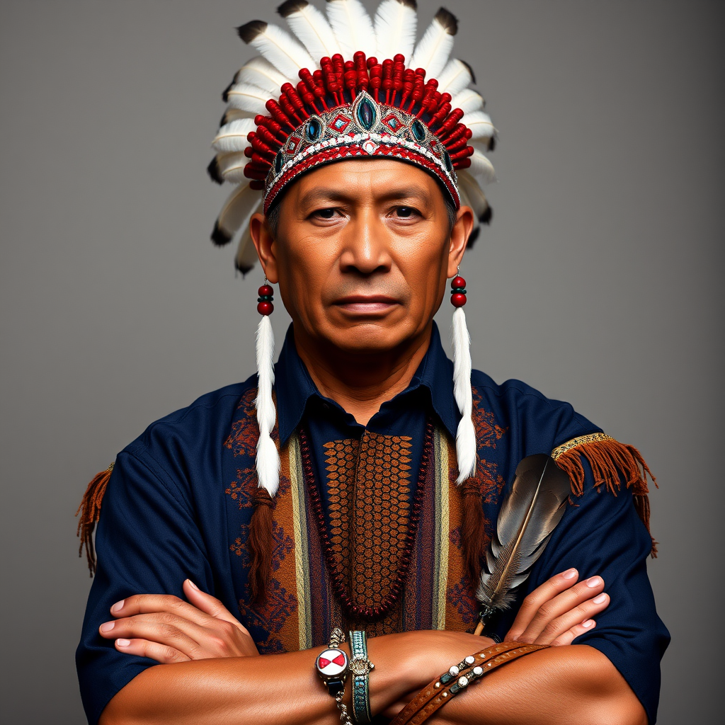Create a dignified portrait of a Native American man dressed in traditional attire. He wears a beautifully crafted headdress adorned with white feathers and red beads, along with a beaded headband featuring intricate patterns. His clothing includes a deep blue, patterned shirt and a traditional chest piece with detailed beadwork. His arms are crossed, displaying leather armbands decorated with feathers. The background is simple and neutral, emphasizing his proud and stoic expression. The overall image captures the rich cultural heritage and strength of his persona.