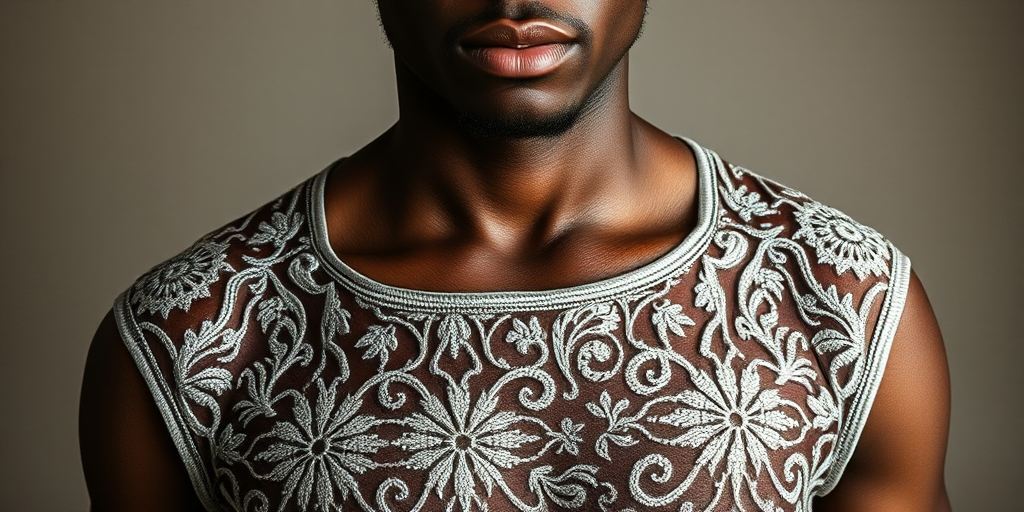 Face, shoulders, chest covered in openwork Igbo embroidery. Raw, unedited image.