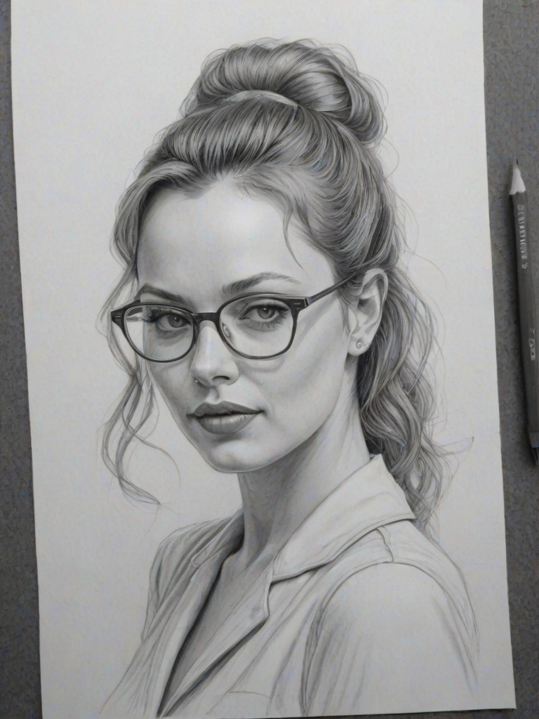 Resplendent Bijou Phillips, pencil sketch, portrait of Gorgeous woman 1958s in glasses, hair style beatnik, outline, clear lines, fine lines, 8k