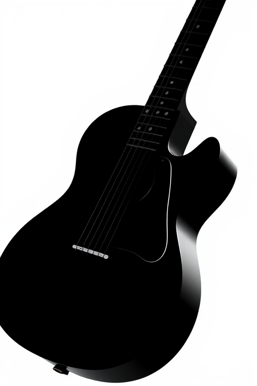 Generate a high-resolution image of a stylized black silhouette of a guitar on a white background, using a DSLR camera with a 50mm lens, aperture set to f/1.8, ISO 100, and a shallow depth of field for enhanced clarity and contrast.